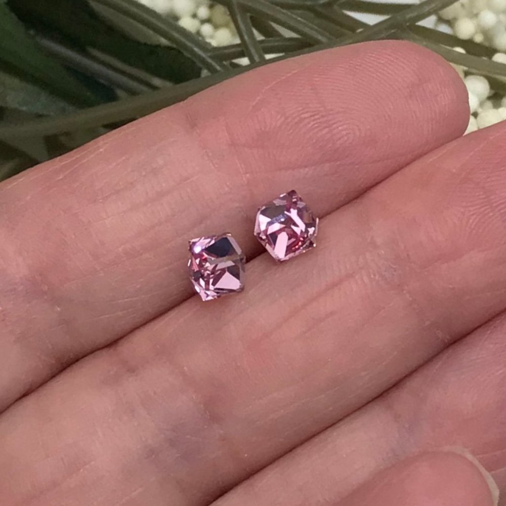 Pink Color Cube Swarovski Crystal Earrings